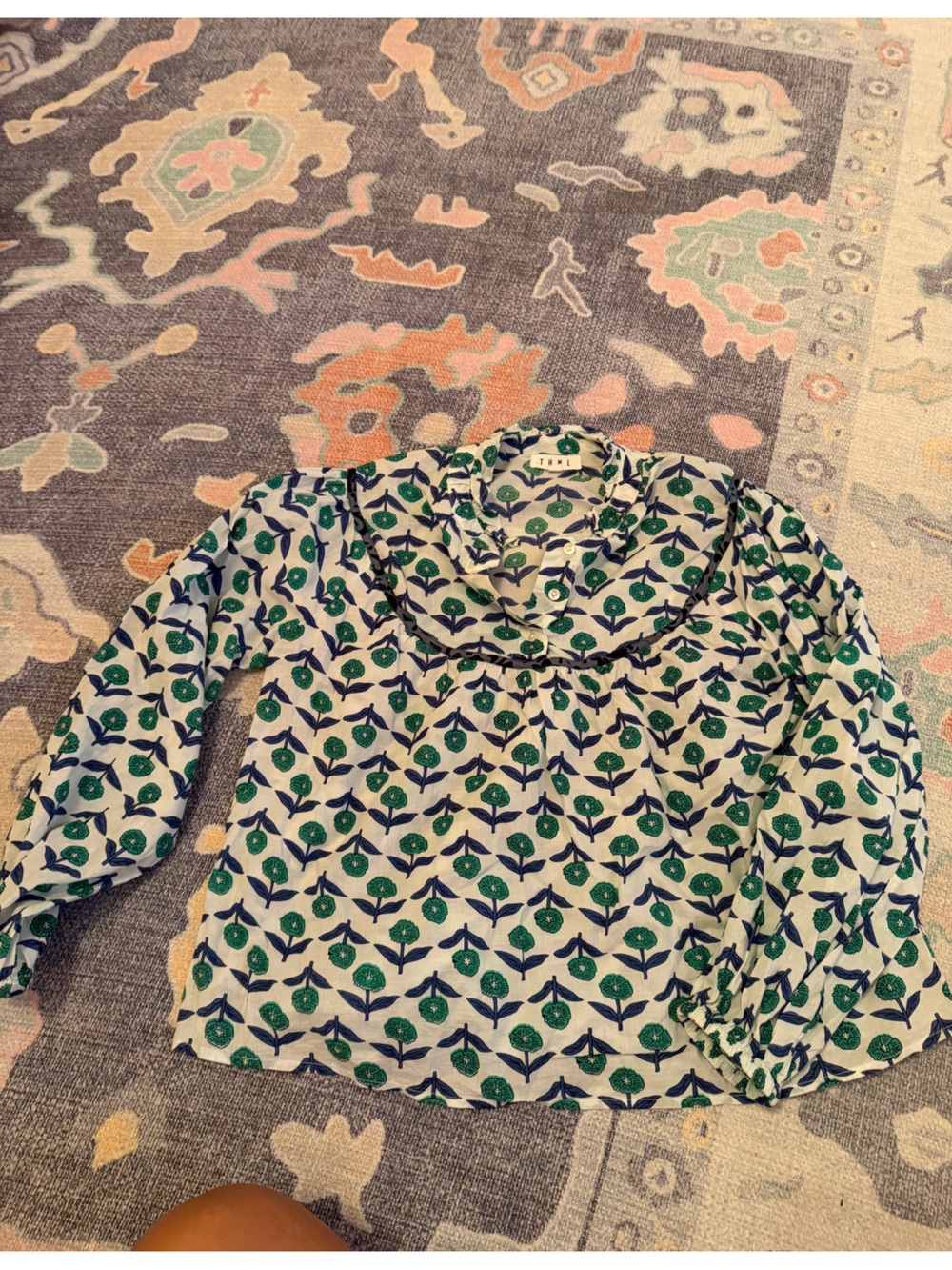 THML Cream Blouse with Green Floral and Navy Leaf Print